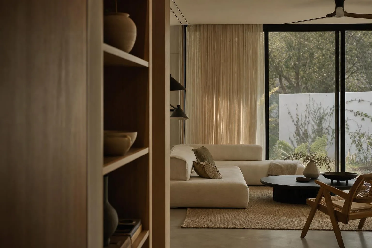 Modern architectural interior with tall glazing and soft daylight